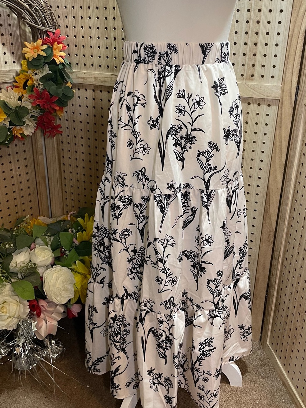 Boho Tiered Floral Maxi Skirt - White w/Black Floral Print